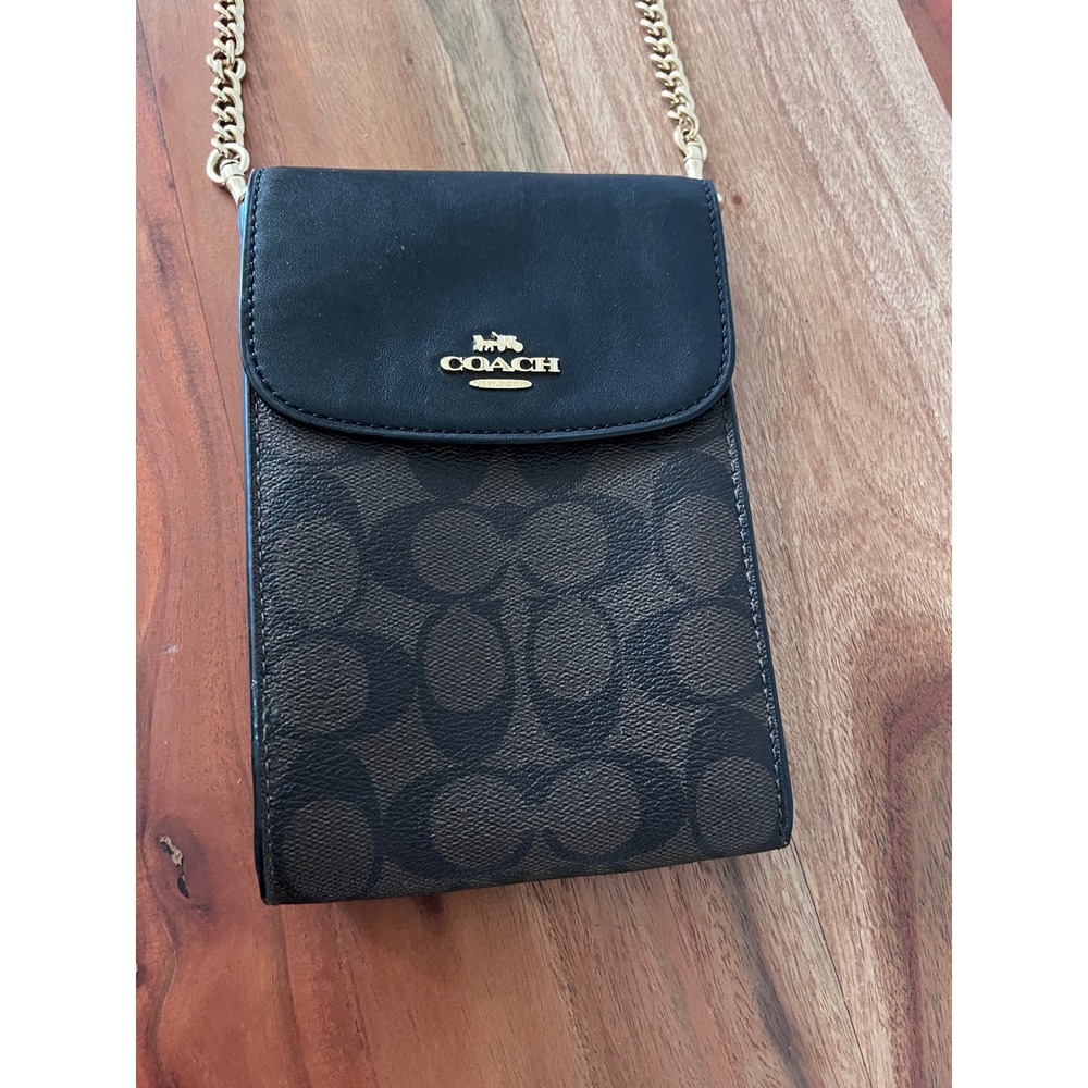 Coach North South Phone Crossbody Bag Signature Canvas Brown Black Gold Hardware
